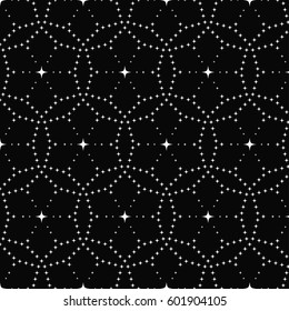 Tiled seamless geometric trellis pattern of flowers made of stars. Starry garlands. Floral motif. Beads. Abstract black and white mosaic background. Vector illustration.