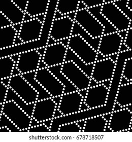 Tiled seamless lattice wavy pattern of dotted geometric shapes. Ethnic textile ornament with chevrons. Abstract black and white background. Vector Illustration.