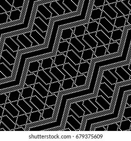 Tiled seamless lattice wavy pattern of dotted geometric shapes. Ethnic textile ornament with chevrons. Abstract black and white background. Vector Illustration.