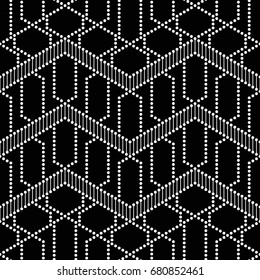 Tiled seamless lattice wavy pattern of dotted geometric shapes. Ethnic textile ornament with chevrons. Abstract black and white background. Vector Illustration.