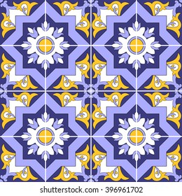 Tiled seamless pattern blue, yellow and white vector. Portuguese tiles, Azulejo, national ornaments. Tile pattern traditional vector.