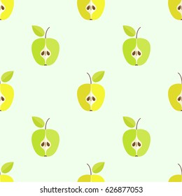Tiled seamless pattern of cartoon green and yellow apple slice in modern style. Healthy diet concept fruit print. Vector illustration.