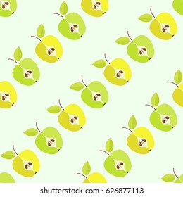 Tiled seamless pattern of cartoon green and yellow apple slice in modern style. Healthy diet concept fruit print. Vector illustration.