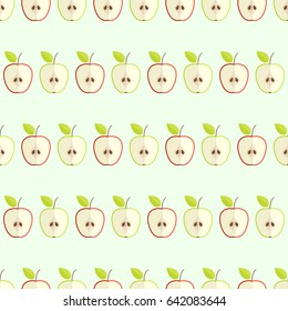 Tiled seamless pattern of cartoon green and red apple slice in modern style. Healthy diet concept fruit print. Vector illustration.