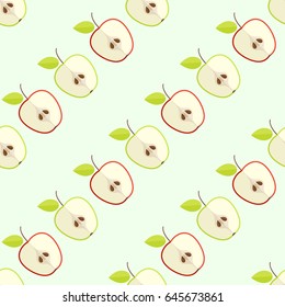 Tiled seamless pattern of cartoon green and red apple slice in modern style. Healthy diet concept fruit print. Vector illustration.