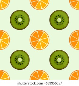 Tiled seamless pattern of cartoon orange and green kiwi slices in modern style. Healthy diet concept fruit print. Vector illustration.