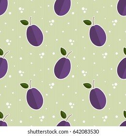 Tiled seamless pattern of cartoon with purple plums on cardboard background in modern style. Healthy diet concept fruit print. Vector illustration.