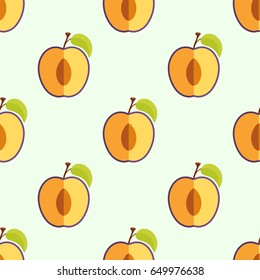 Tiled seamless pattern of cartoon with purple sliced in half plums in modern style. Healthy diet concept fruit print. Vector illustration.