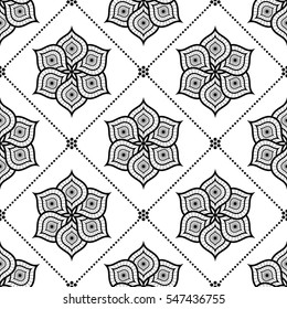 Tiled seamless pattern of delicate Lotus flower in dotted squares. Buddhist Temple inspired ornament. Oriental decorative motif. Abstract black and white Background. Vector illustration.