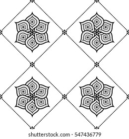 Tiled seamless pattern of delicate Lotus flower in dotted squares. Buddhist Temple inspired ornament. Oriental decorative motif. Abstract black and white Background. Vector illustration.