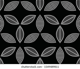 Tiled seamless pattern of dotted petals grouped by three and shaped to triangles. Abstract black and white mosaic leaf background. Floral trellis. Vector illustration.