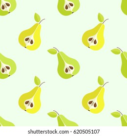 Tiled seamless pattern of fantasy cartoon pear in modern style. Healthy diet concept fruit print. Vector illustration.