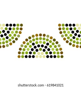 Tiled seamless pattern of green dotted kiwi slices decorative border. Fruit mosaic print. Vector illustration.