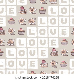 Tiled seamless pattern with handwritten letters LOVE and valentines day elements. Abstract background. Vector illustration