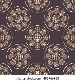 Tiled seamless pattern of hexagons made of dotted petals. Garlands. Beads. Chains. Abstract colorful mosaic background. Vector illustration.