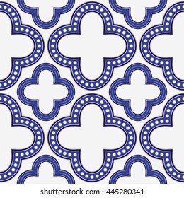 Tiled seamless pattern inspired of Portugal ceramic tiles. Monochrome blue and white print of decorative cross elements. Vector Illustration