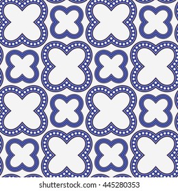 Tiled seamless pattern inspired of Portugal ceramic tiles. Monochrome blue and white print of decorative cross elements. Vector Illustration
