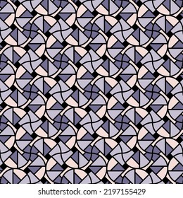 Tiled seamless pattern in pastel colors. Overlapping art forms, stripes, polygons, segments are grouped and arranged in a certain order. Vector. 