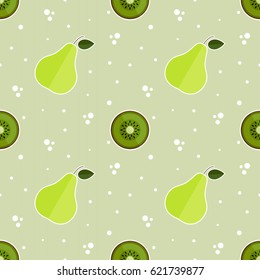 Tiled seamless pattern of pear and fresh green kiwi slices on cardboard background in modern style. Healthy diet concept fruit print. Vector illustration.