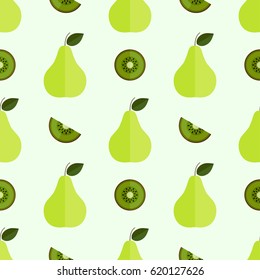 Tiled seamless pattern of pear and green kiwi slices in modern style. Healthy diet concept fruit print. Vector illustration.