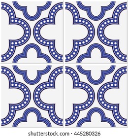 Tiled seamless pattern of Portugal ceramic tiles. Monochrome blue and white azulejos with decorative cross elements. Vector Illustration
