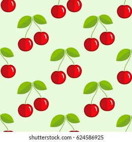 Tiled seamless pattern of red cartoon cherry in modern style. Healthy diet concept food print. Good for textile, wrapping, wallpapers, etc. Vector illustration.