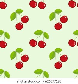 Tiled seamless pattern of red cartoon cherry in modern style. Healthy diet concept food print. Good for textile, wrapping, wallpapers, etc. Vector illustration.