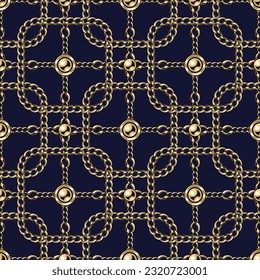 Tiled seamless pattern. Staggered vintage geometric pattern with rounded squares, gold realistic chains, beads. Classic elegance design.