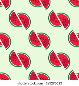 Tiled seamless pattern of sweet watermelon slices in modern style. Healthy diet concept fruit print. Vector illustration.