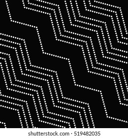 Tiled seamless zigzag pattern. Wavy ornament of dotted lines. Abstract black and white background. Vector Illustration.