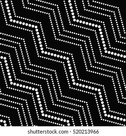 Tiled seamless zigzag pattern. Wavy ornament of dotted lines. Abstract black and white background. Vector Illustration.