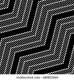 Tiled seamless zigzag pattern. Wavy ornament of dotted chevrons. Abstract black and white background. Vector Illustration.
