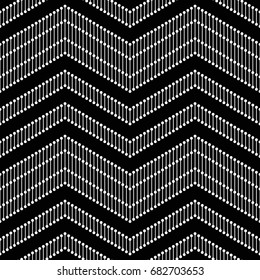 Tiled seamless zigzag pattern. Wavy ornament of dotted chevrons. Abstract black and white background. Vector Illustration.