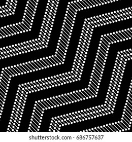Tiled seamless zigzag pattern. Wavy ornament of dotted chevrons. Abstract black and white background. Vector Illustration.