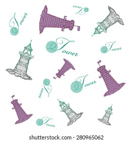 tiled texture with an image of purple or pink towers with flags, gray and green beacons, circles and inscriptions tower on a white background