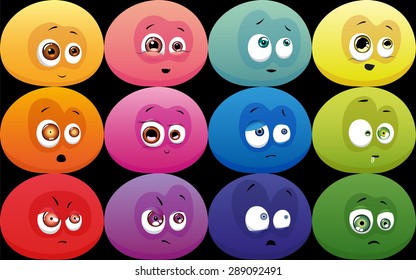 tiled texture with a set of multicolored smileys on a dark background. Characters of all colors and a variety of emotional moods