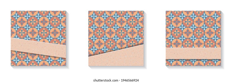 Plantillas cuadradas vectoriales en mosaico para publicaciones, historias en redes sociales con un espacio de copia. Mosaico étnico, marroquí, islámico en tonos suaves. Efecto de terrazo desmontado
