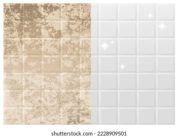 Tiled walls are dirty and clean. It is a comparison picture before and after cleaning. Used to advertise cleaners on bathroom walls, floors. Realistic EPS file.