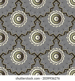 Tiled zigzag mandalas modern seamless pattern. Ornamental vector geometric background. Repeat tribal ethnic style ornate backdrop. Round mandalas striped ornament with stripes, zig zag lines, shapes.