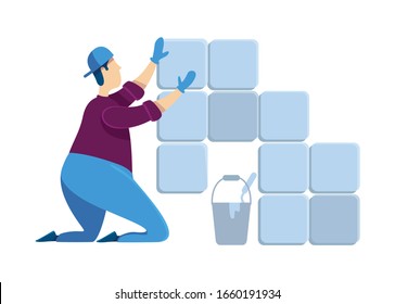 Tiler Flat Color Vector Faceless Character. Man Installing Ceramic Tiles. Guy At House Renovation. Professional Handyworker. Grout In Mortar. Home Repairs Isolated Cartoon Illustration