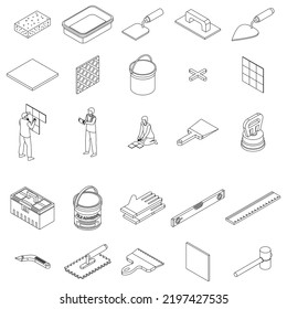 Tiler icons set. Isometric set of tiler vector icons outline thin lne isolated on white