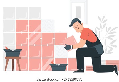 Tiler Installing Square Tiles on a Wall worker construction