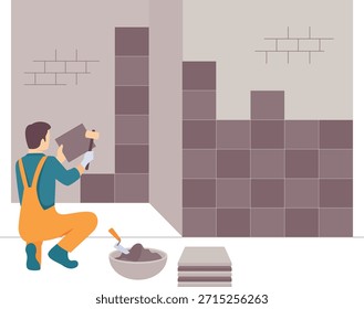 Tiler instalando azulejos de pared concepto de interior, Craftsman instalando azulejo diseño de Vector, Anuncio de los trabajadores de la construcción, escena de trabajo calificado, obras de ingeniería civil