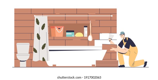 Tiler Laying Ceramic Tiles In Modern Bathroom. Handyman Doing Renovation Of Bathtub. Interior Repair Work Concept. Cartoon Flat Vector Illustration