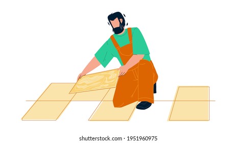 Tiler Man Installing Ceramic Floor Tiles Vector. Tiler Repairman Contractor Tilling Renovation Work. Character Handyman Installer Professional Flooring Working Flat Cartoon Illustration