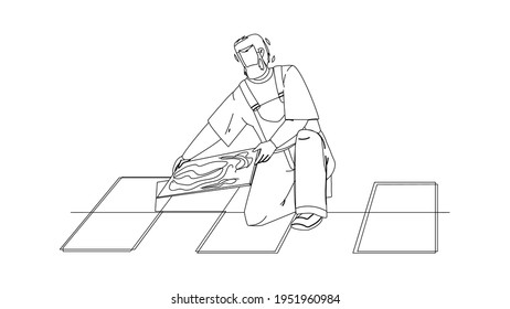 Tiler Man Installing Ceramic Floor Tiles Black Line Pencil Drawing Vector. Tiler Repairman Contractor Tilling Renovation Work. Character Handyman Installer Professional Flooring Working Illustration