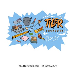 Tiler and tile laying service announcement. Creative advertisement template, vector illustration.
