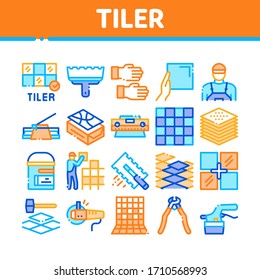 Tiler Work Equipment Collection Icons Set Vector. Tiler Rectangular Notched Trowel And Electrical Tile Cutter, Level Tool And Grinder Concept Linear Pictograms. Color Illustrations