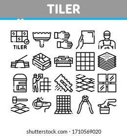 Tiler Work Equipment Collection Icons Set Vector. Tiler Rectangular Notched Trowel And Electrical Tile Cutter, Level Tool And Grinder Concept Linear Pictograms. Monochrome Contour Illustrations