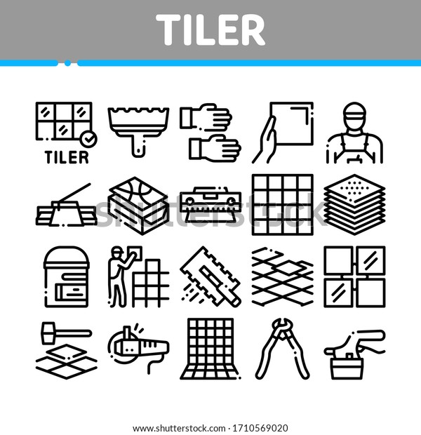 Tiler Work Equipment Collection Icons Set\
Vector. Tiler Rectangular Notched Trowel And Electrical Tile\
Cutter, Level Tool And Grinder Concept Linear Pictograms.\
Monochrome Contour\
Illustrations
